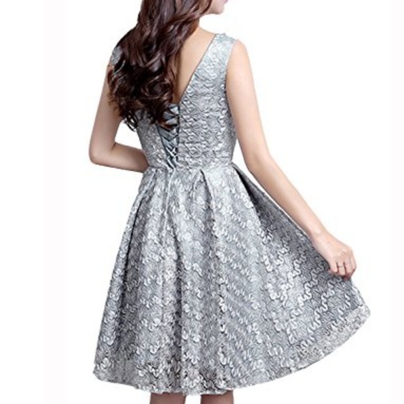 Silver Retro Floral Lace Cap Sleeve Vintage Dress - Picture 2 of 6